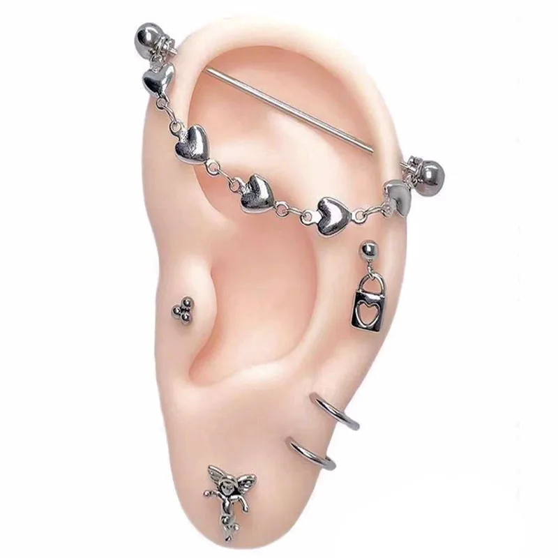 Stainless Steel Bar For Ear Industrial Piercing 14g Gauge Heart Chain