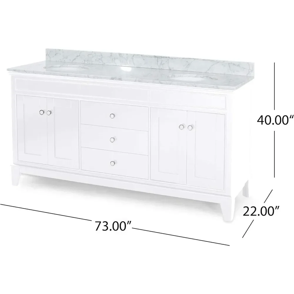 61" Double Sink Bathroom Vanity with Marble Top, Solid Wood Bathroom Vanity with 3 Drawers and 4 Doors, Vanities
