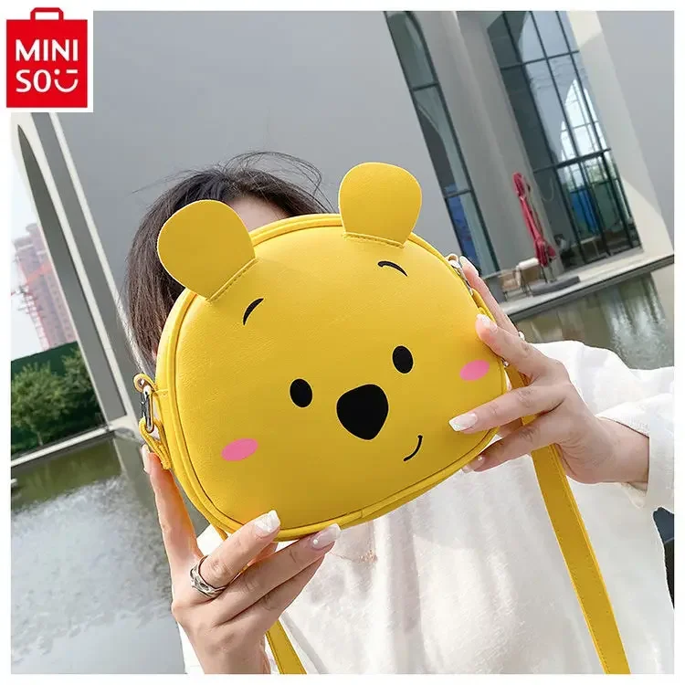 MINISO Disney Cute Winnie Bear Printed Small Round Bag Women's High Quality Sweet Lightweight Storage Bag