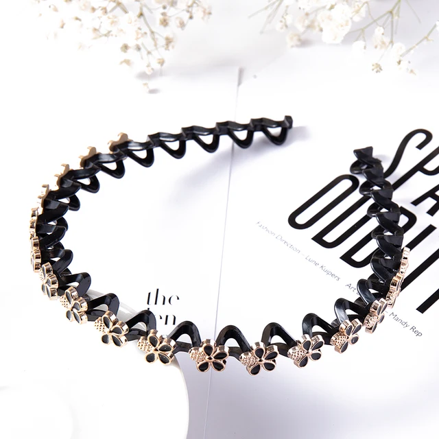 Fashion Pearl Non-Slip Rhinestone Hairbands Elastic Flower Women Hair Hoop Bands Headband Bezel Girls Hair Accessories Headdress black Flowers