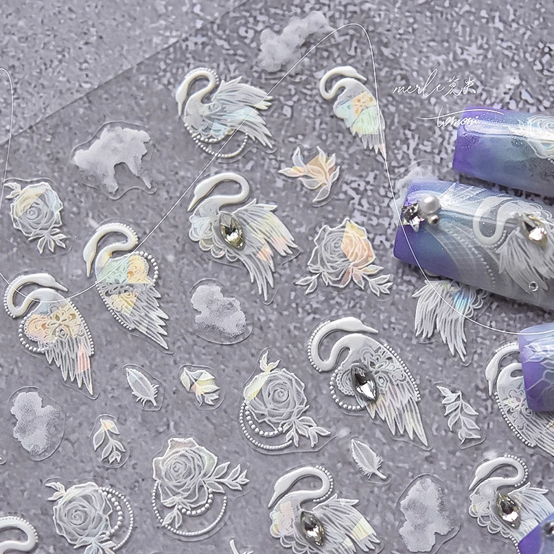 White Swan Rose Flower Crystal Phoenix Dragon Strass Soft Relief Goffrato 3D Autoadesivo Nail Art Sticker Manicure Decalcomanie