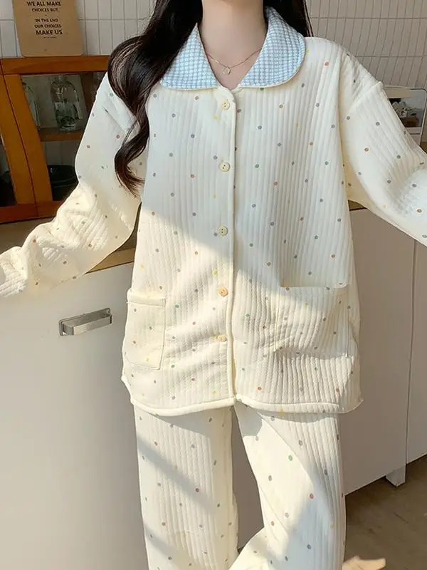 Thiened Cotton Spwear Women's Long Sve Polka Dot Printed Air Cotton Pajamas Set Warm Home Clothes Loose Fit Autumn Wi...