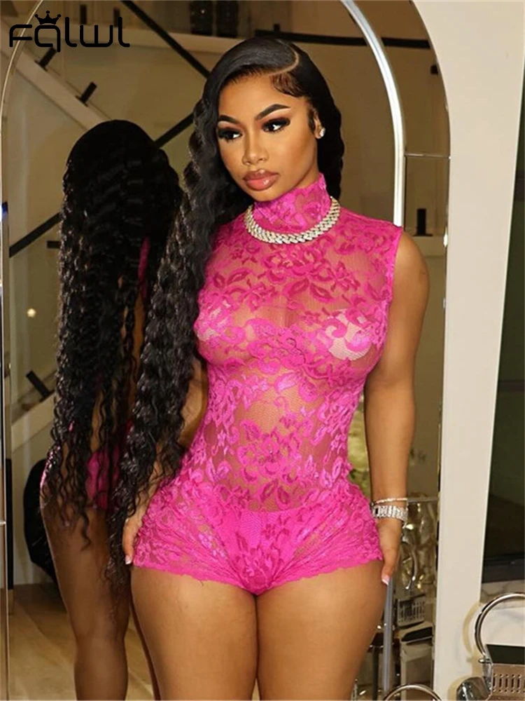 Habbris Summer Pink Lace Pagliaccetti Midnight Clubwear Women 2024 Sexy Hollow Out Sheer Playsuit Tute Dolcevita Senza Maniche