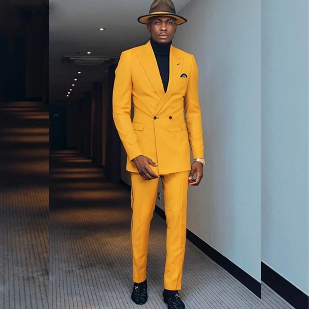 

Fashion Orange Male Suit Slim Fit Casual Groom Wedding Men Suits Chic Peak Lapel Double Breasted Blazer Tuxedo Jacket with Pants