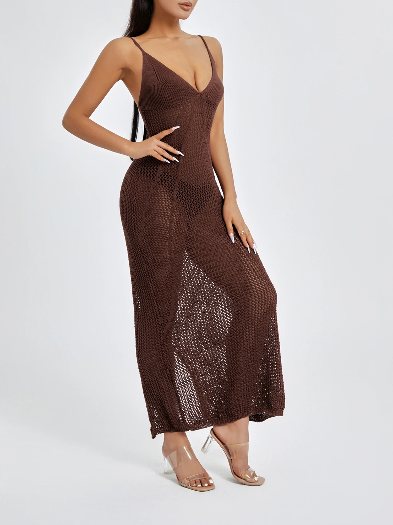 

Sexy Spaghetti Straps Long Dress Women Knit V Neck Backless Dresses Fashion See Through Solid Slip Sundress Clubwear Party Wear