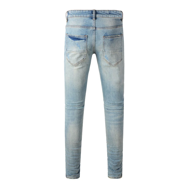 High Street Fashion New Jeans Elastic Slim Fit Retro Hole Patch Versatile Jeans Hip Hop Brand High Quality Light Blue Pants