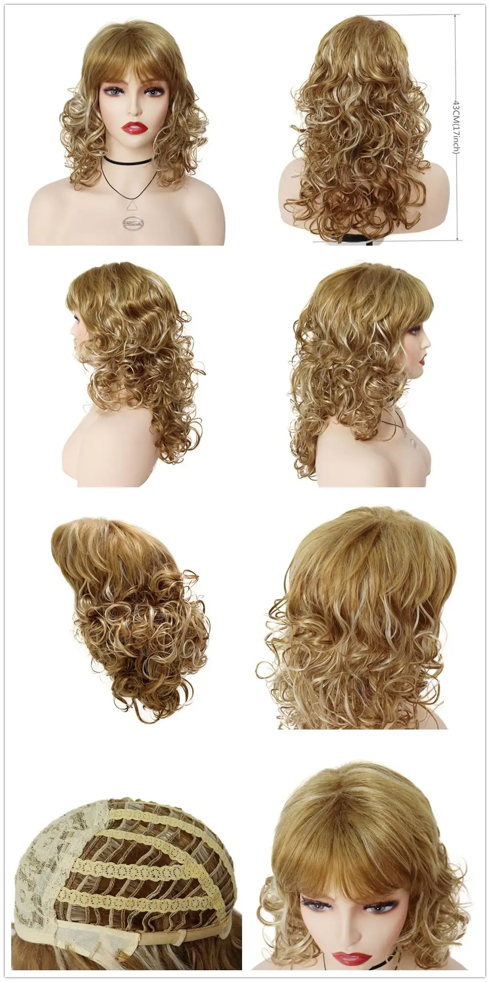 cabelo encaracolado com Franja, misture peruca loira