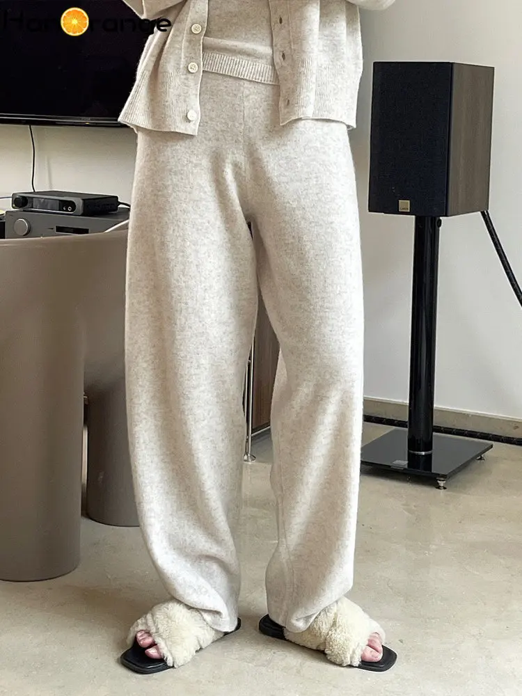 HanOrange 2024 Winter Lazy Wool Knitted Wide Leg Pants Women Warm Casual Elastic Waist Thick Trousers Female Grey/Light Oat natural waist jeans straight leg trousers fashion light button new women s versatile literary lazy harajuku women s jeans