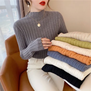 Herbst Winter gestrickt gerippt Mock Neck Sweater Frauen Kleidung Langarm schlanke Basic Pullover Frau Pullover feste Tops