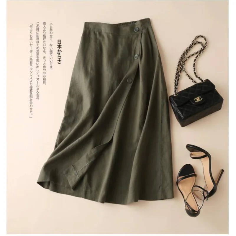 Treutoyeu Versatile Casual Summer Skirt for 2023 Fashion Women High Waist Cotton Linen Midi Length Black Green A Line Skirt