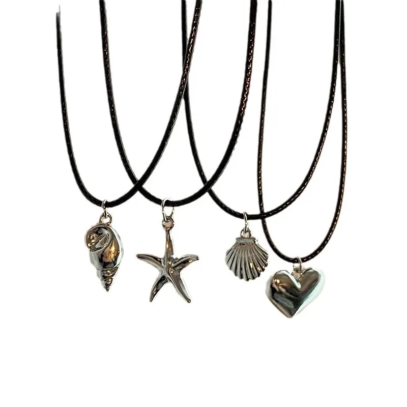 حبل أسود الحب القلب قلادة قلادة للنساء بسيط فضي ال...