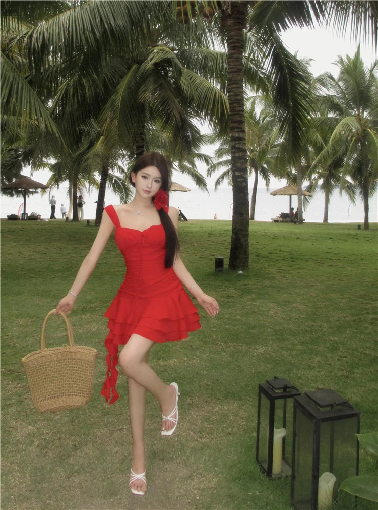 Summer New Holiday Beach Style Short Dresses for Women Spaghetti Strap Ruffles A-line Birthday Party Dress Korean Chic Vestidos