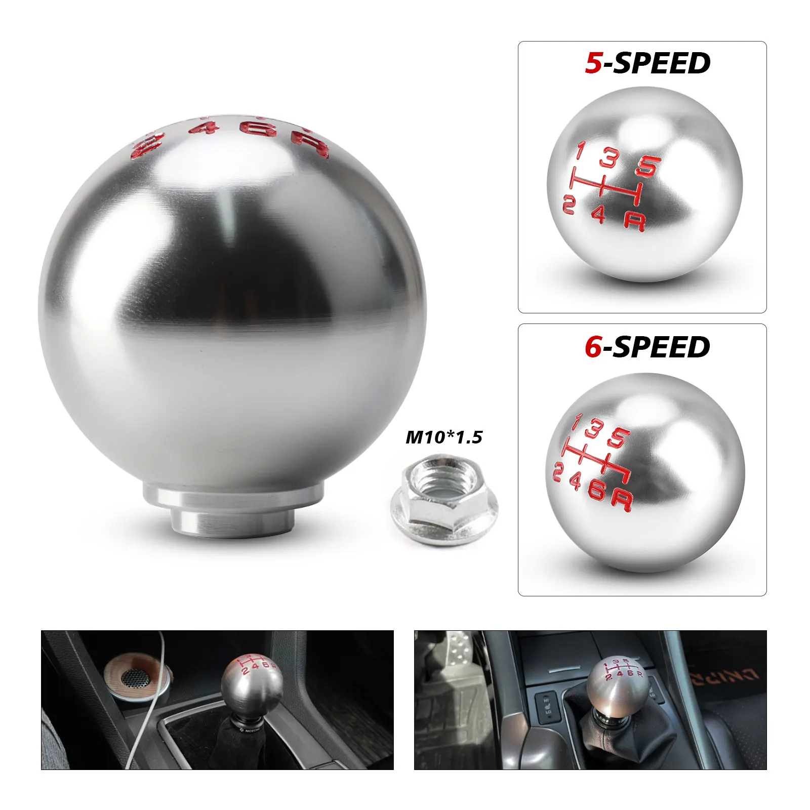 5/6 Speed Car Automatic Manual Gear Shift Knob with M10 Adapter Silvery Round Ball Stick Shift