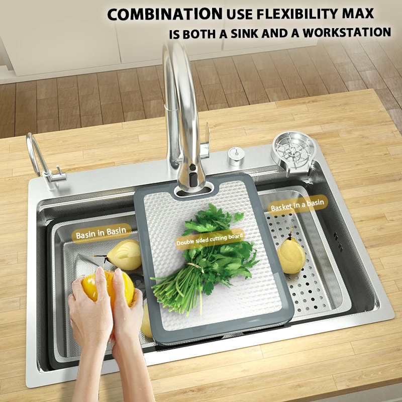 Stainless Steel Kitchen Sink Large Single Slot Multifunction Washing Dish and Vegetable Basin Kitchen