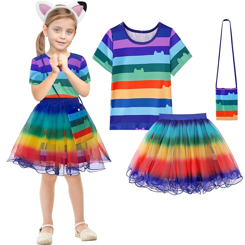 Gabby Dollhouse Girls Costume Children Cosplay Suit Girls Mesh Skirt+Striped Short Sleeved T-Shirt 2PCS Set 2-10Y