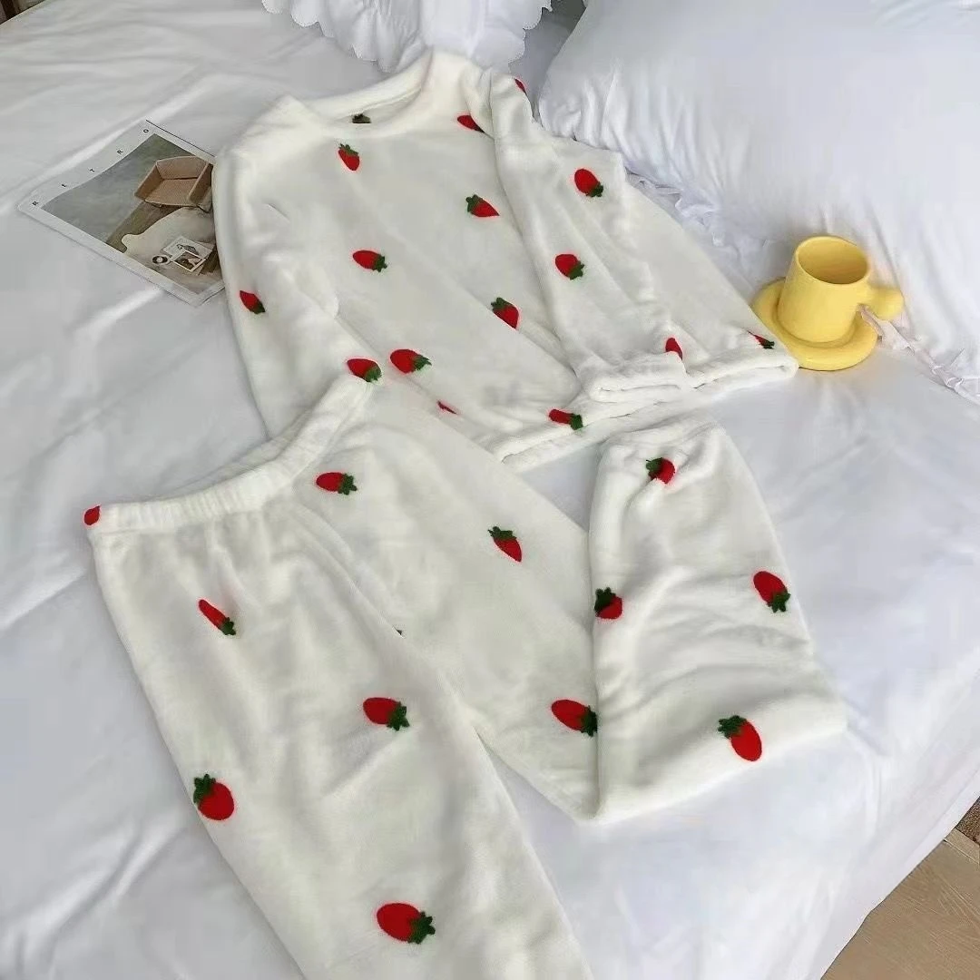 Sweet Women Pajama Set Strawberry Pullover Top 2Pcs Elastic Waist Straight Pants Casual Autumn Winter Fleece Homewear Suit Y2K