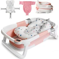 Foldable Baby Bath Tub with Bath Cushion Infant Tub with Thermometer Non-Slip Collapsible Baby Bathtub Newborn to Toddler