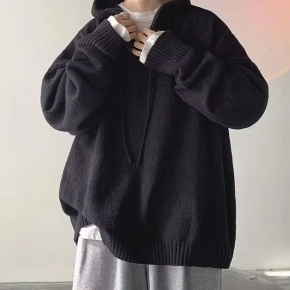 

Men's Fashion Trendy Hood Sweater Loose Fit Retro Knit Solid Outerwear Warm Winter Clothing Polyester Fabric Black/Grey
