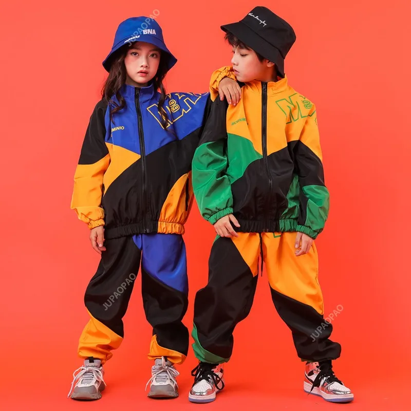 

Boys Hip Hop Contrast Coat Girls Jazz Joggers Clothes Set Kids Street Dance Patchwork Jacket Sweatpants Child Costume Streetwear