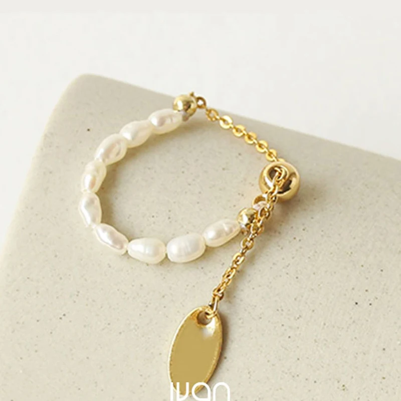 Adjustable Gold Color Rings French Retro Pearl Chain Pull for Women
