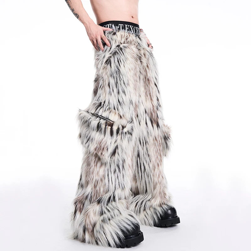 FEWQ 2024 Winter New Men Two-piece Niche Fur Plush Long Sleeved Coats Large Pocket Decoration Casual Trousers Men's Suit 24E5008 6