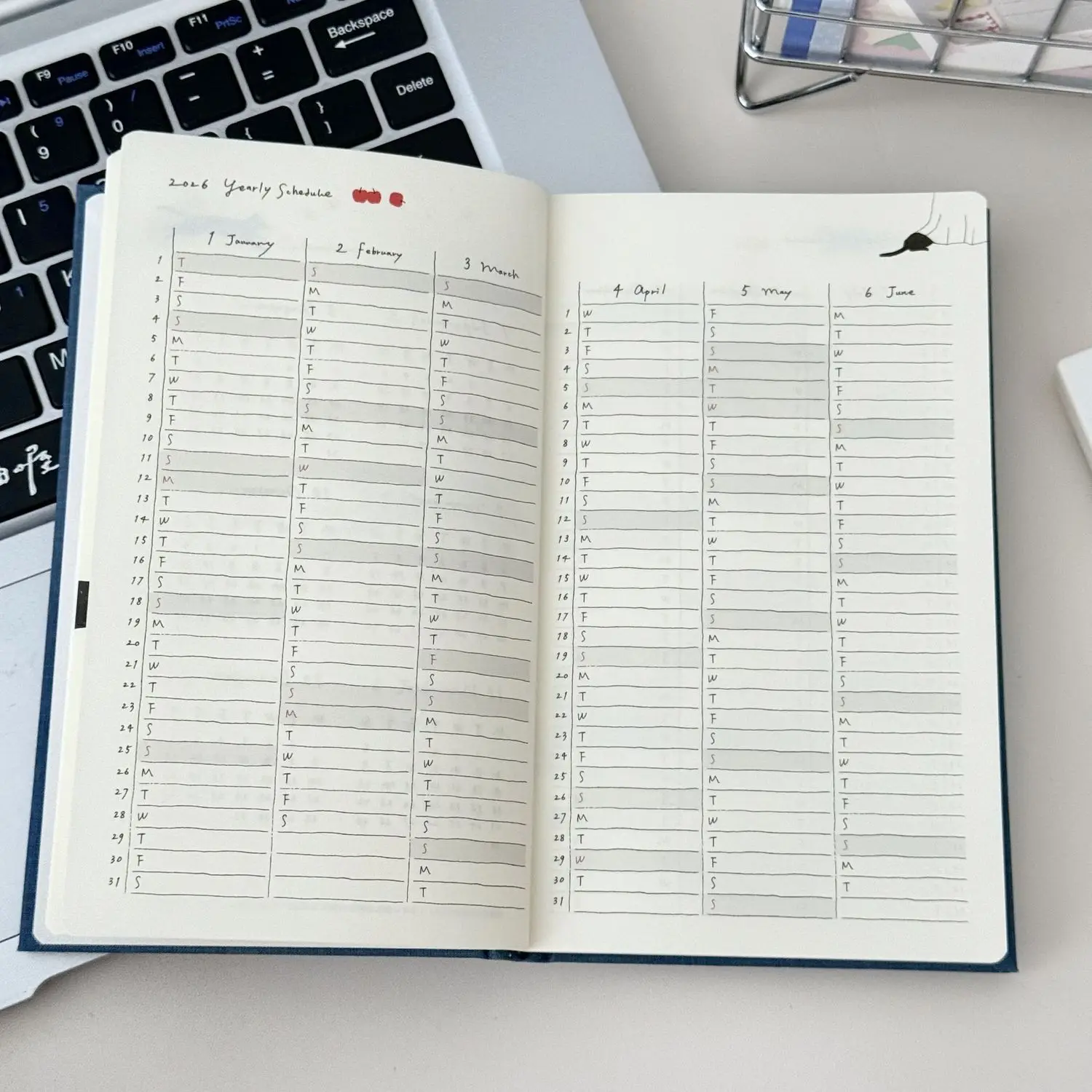 귀여운 고양이 B6 2026 주간 플래너 노트북 일일 주간 계획 저널 개인 다이어리 캘린더 시간 관리 목표 설정 일정표