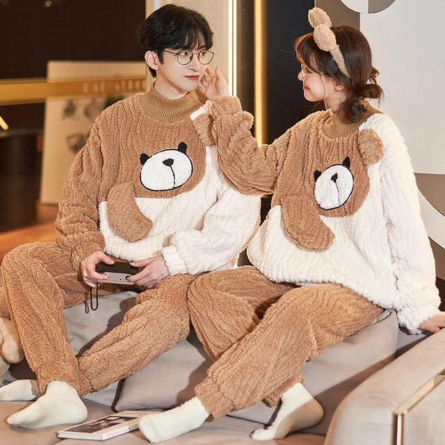 Conjuntos de pijamas para para hombres y mujeres, ropa de dormir gruesa, lana de oso de dibujos animados coreano, trajes de Pijama para amantes, suave y cálido, invierno _ -