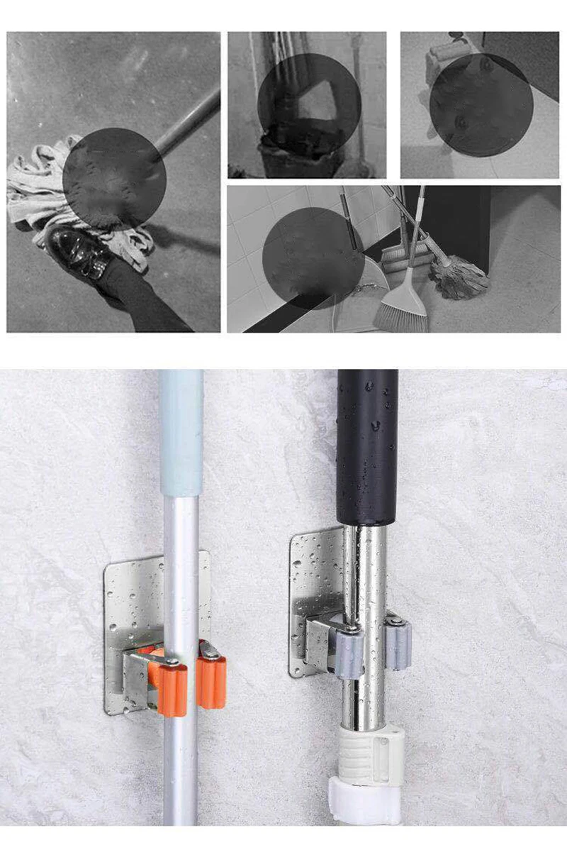 

Wall Mounted Stainless Steel Mop HookMop Organizer Storage Rack Brush Broom Hanger Kitchen Bathroom Hanging Mops Holder Clips