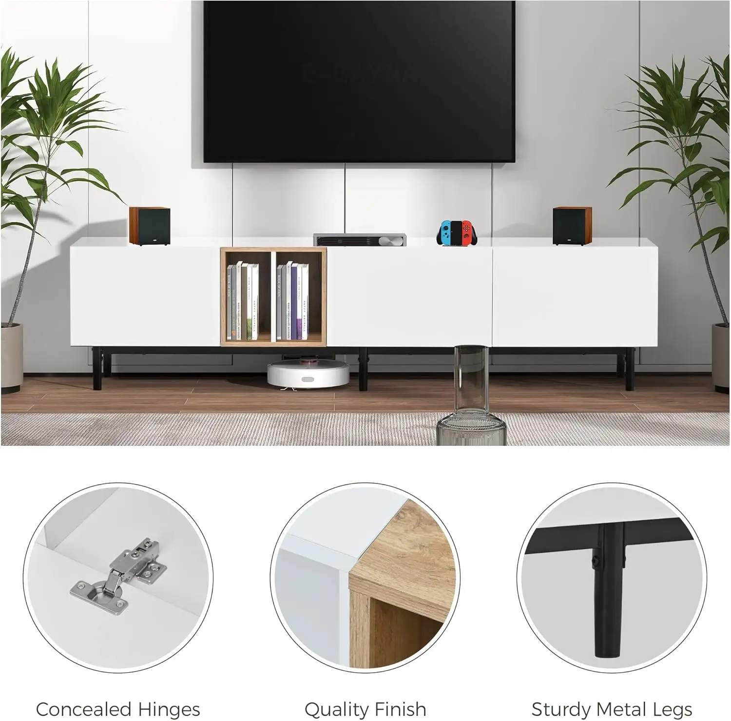 77 Inch Modern TV Stand for TVs Up to 80”, Minimalist Entertainment Center with 3 Cabinets & Open Shelves, Media Console Table 5