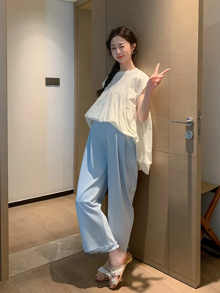 여름 신상 임산부 레이스 트림 스플라이스 민소매 오버헤드 배 가리개 안티에이징 코튼 블렌드 라운드넥 베이직 팩