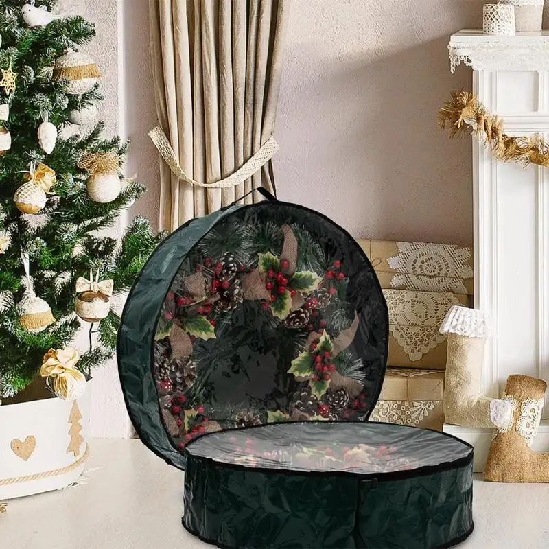 Christmas Wreath Storage Bag Waterproof Artificial Wreath Storage Holder With Clear Window Garland Organizer Box Tear Resistant