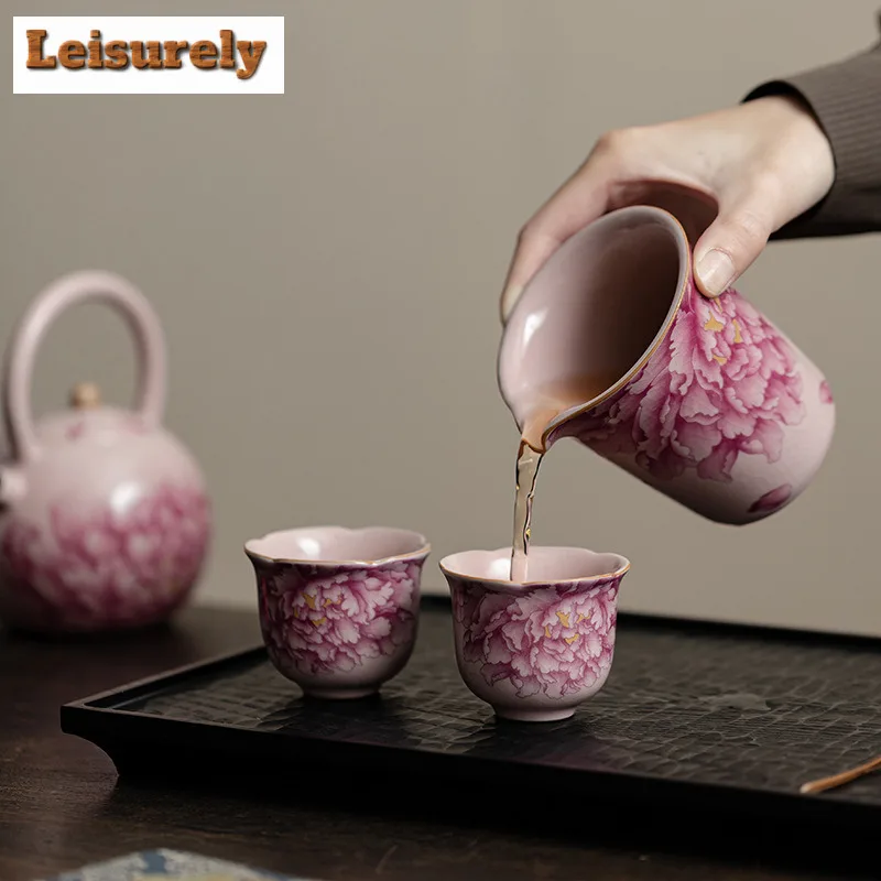 230ML Pink Ru Kiln Peony Flower Tea Pitcher Sharing Pot Cha Hai Dispenser Justice Cup Fair Mug Tea Items Decoration Supplies