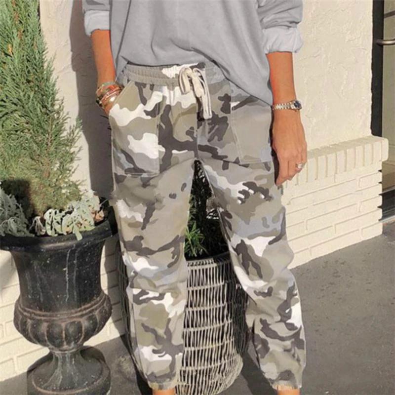 2022 Gray Camouflage Print High Elastic Waist Full Length Camo Cargo Women Clothes Sweatpants Casual Loose Trousers| | - AliExpress