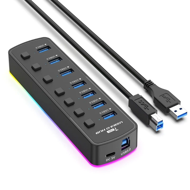 

7 IN 1 RGB Desktop USB HUB USB3 0 Adapter Splitters USB3.0 Docking Station with Control Switches USB Charging Dock