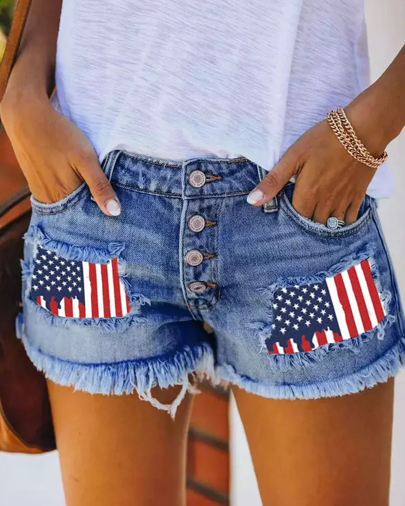 

Independence Day Flag Print Buttoned Fringe Denim Shorts Women New Spring Summer 2023 High Waist Denim Shorts Jeans Pants