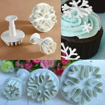 New 3Pcs Handmade Molds Snowflake Cake Decor Fondant Plunger Cutters Mold Mould Cookies Tools Silicone Molds Accessories 2