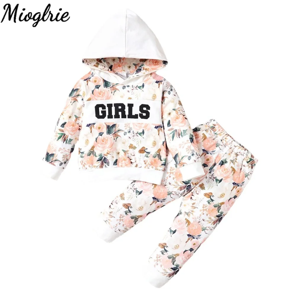 

Зимняя одежда для маленьких девочек 2022, толстовка с капюшоном и цветочным принтом, рубашка с длинным рукавом и штаны, комплект одежды для маленьких девочек из 2 предметов, одежда для маленьких девочек