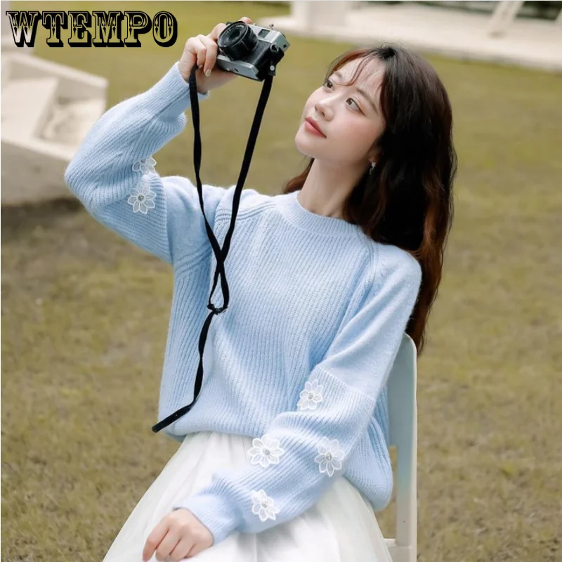 

WTEMPO Sweater Women's Loose O-Neck Long Sleeve Flower Sweater Thickened Korean Fashion Pullover Pull Femme Hiver 2022