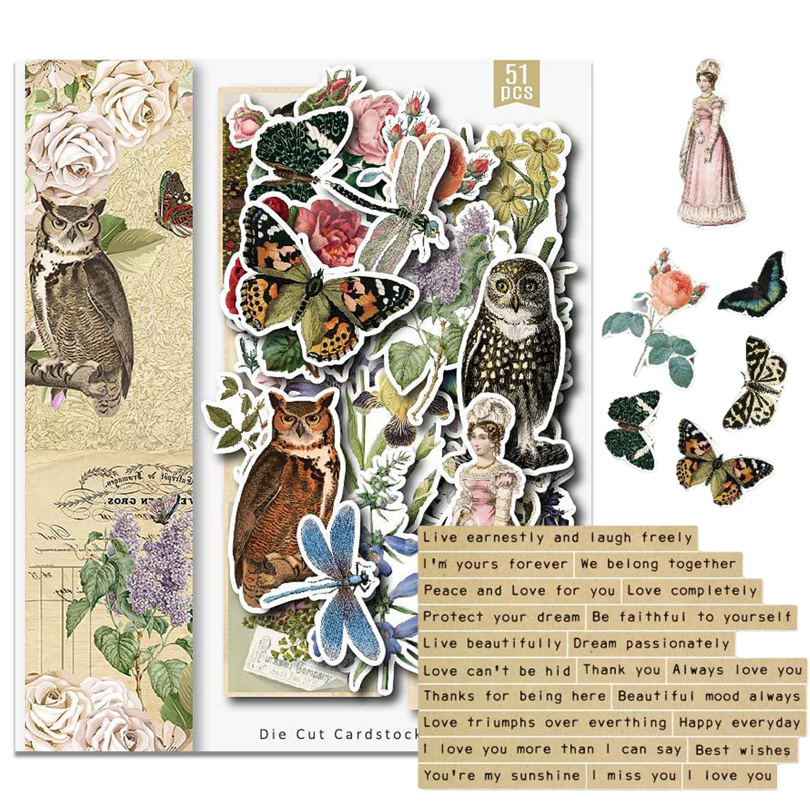 51 PCS Travel Scrapbooking Cardstock And Die Cuts Literary Retro Die