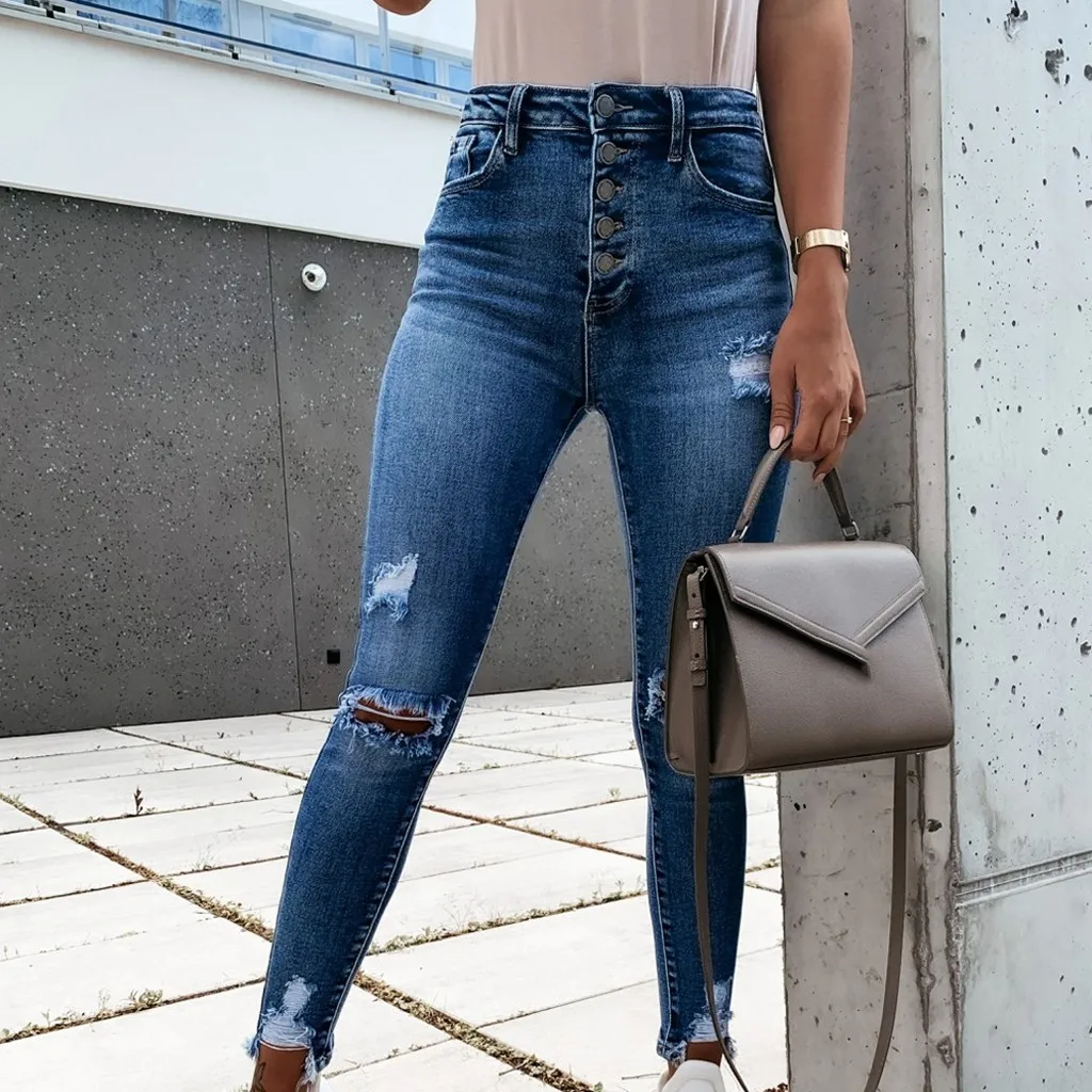 

Women Denim Pencil Trousers High Stretch Pants Casual High Waisted Pants American Street Ripped Straight Tube Old Vintage Pants