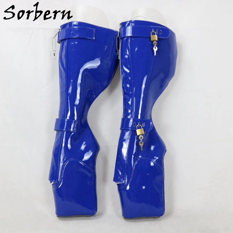 

Sorbern 6 KEYS Locking Zip Boots Knee High Women 18cm High Heels Ballet Wedge Boot Fetish Dominatrix Black Custom Wide Leg