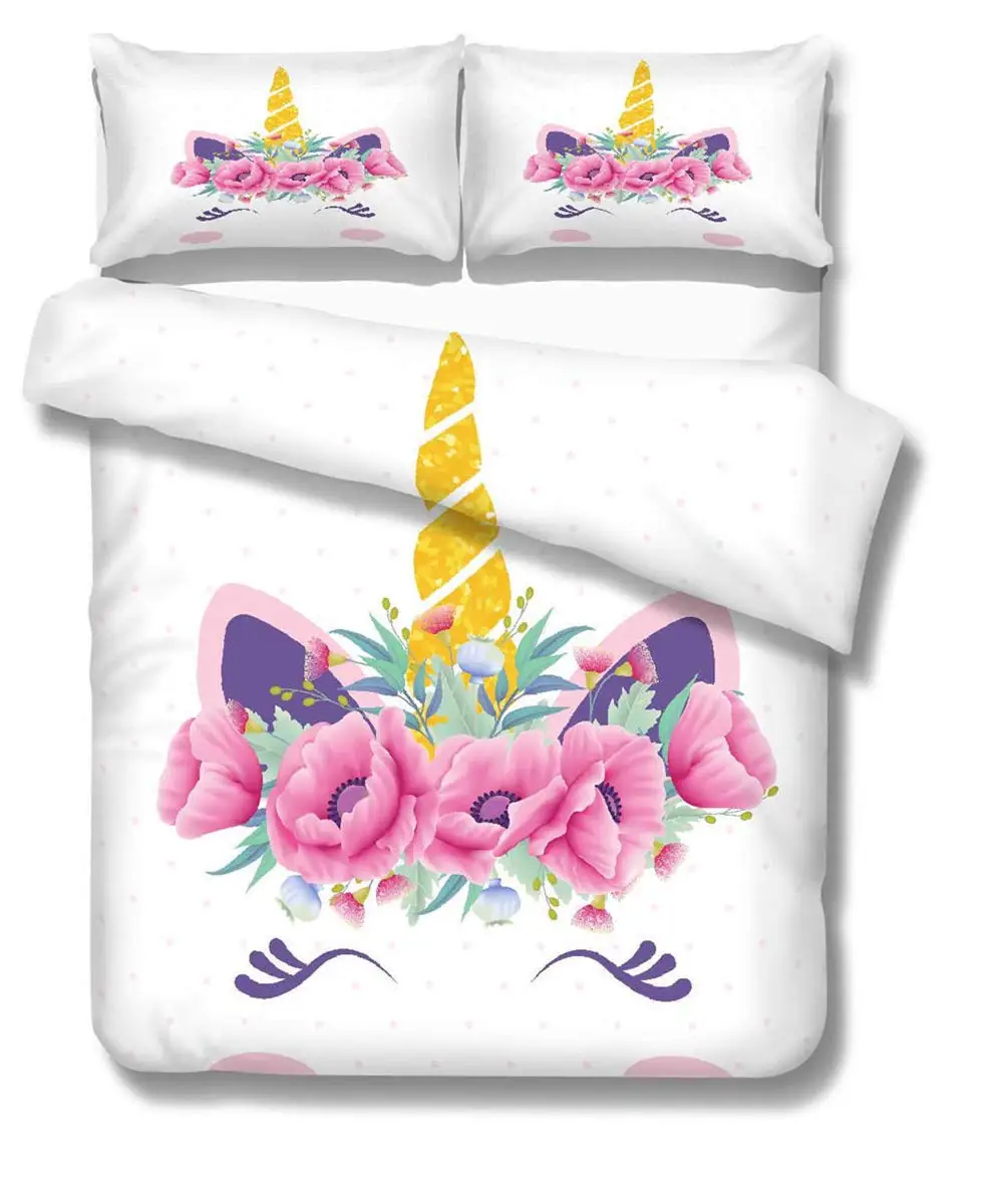 

Unicorn Duvet Cover Bedding Set Floral Feather Eyelashes Unicorn Head with Stars Background White with Pillow Sham Kids Set