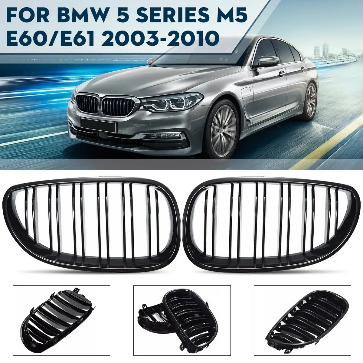 2Pcs Duable Slat Gloss Black Front Bumper Kidney Grille Grill Accessories For BMW 5 Series M5 E60/E61 2003-2010