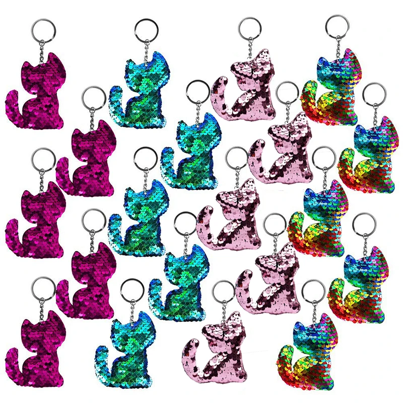 

12pcs/20pcs Flip Sequin Keychain Cat Shape Hanging Keychain Decoration Birthday Party Favor Kids Adults Wedding Gifts 4 colors