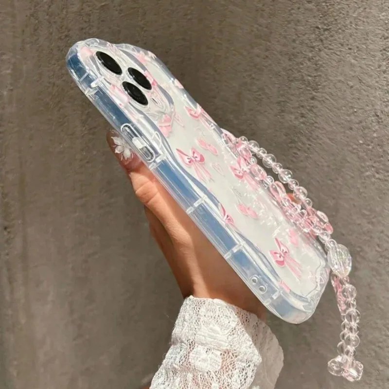 Cute Clear Phone Case with Pink Bow and Lanyard Cover