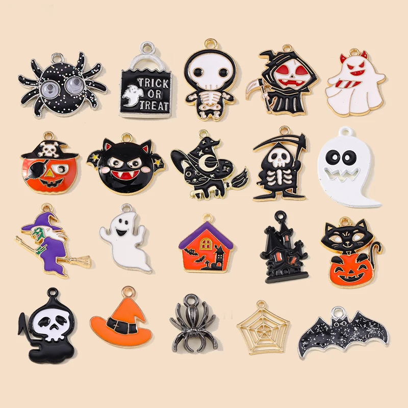 Leslie 10 Stück Halloween-Anhänger, niedlich, böse Fledermaus, Spinne, Geist, Charms für DIY handgefertigte Halskette, Armband, Schmuckherstellung, Zubehör