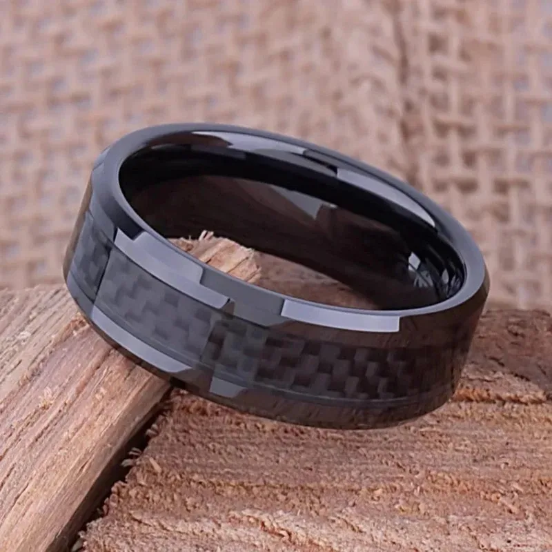 Wedding Rings 8MM Men Stainless Steel Inlaid Black Carbon Fiber for Men Women