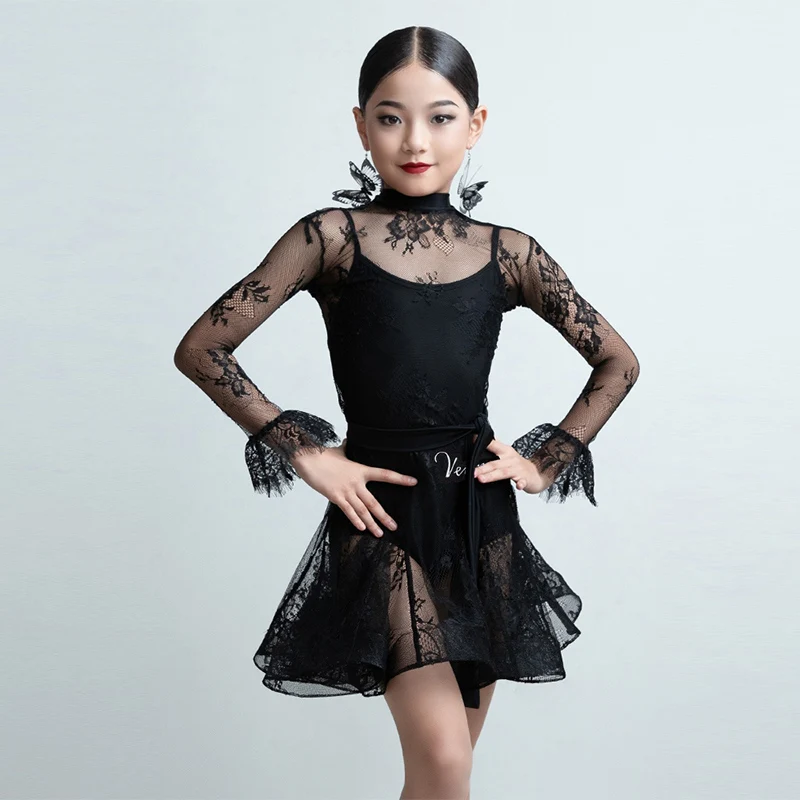 

Girls Lace Latin Dance Dress For Girls Long Sleeve Samba ChaCha Dancing Performance Costume Children Tango Practice Wear VDB8032