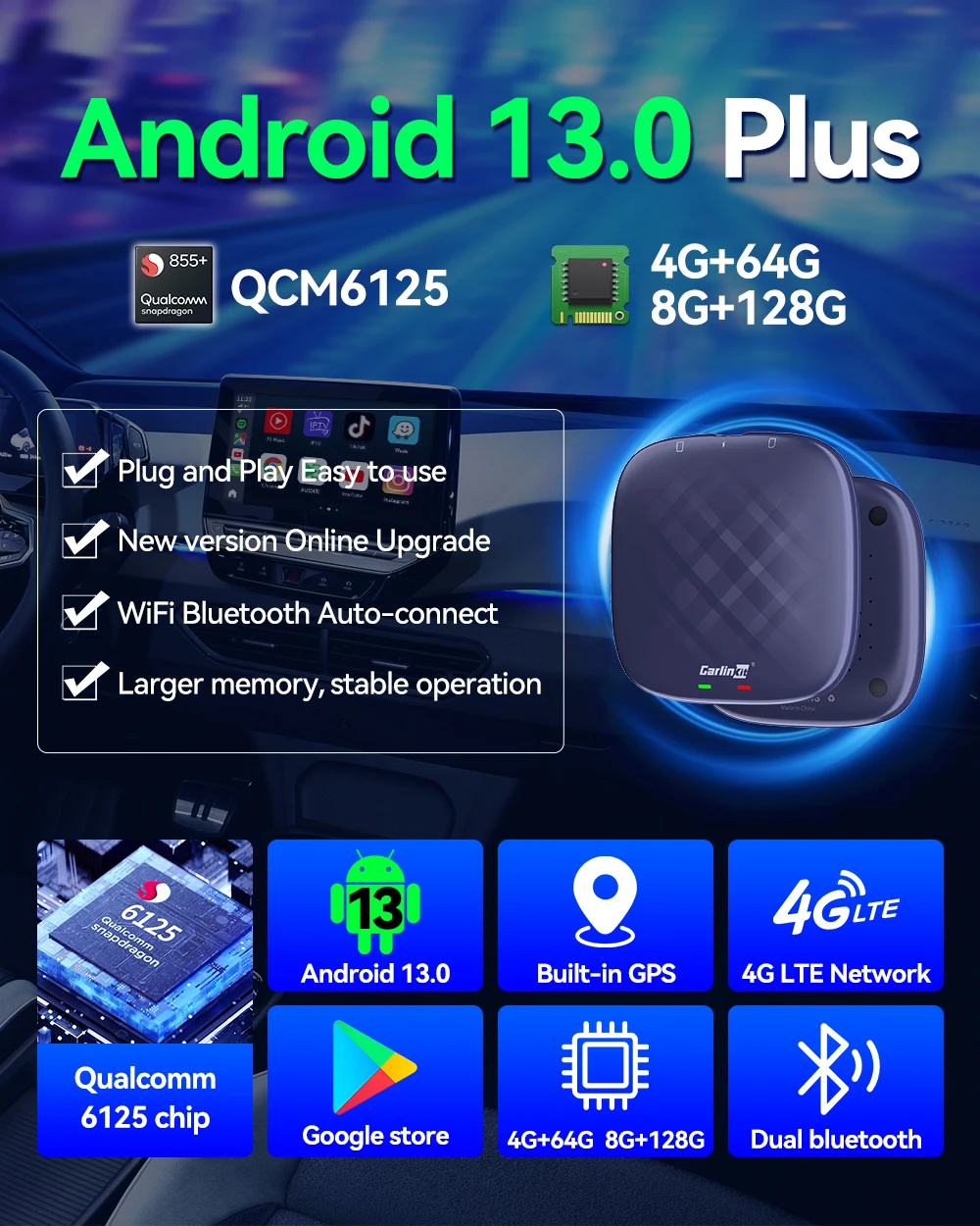Carlinkit Wireless Carplay Ai Box Android 13 6125 Plus Uitra 4glte