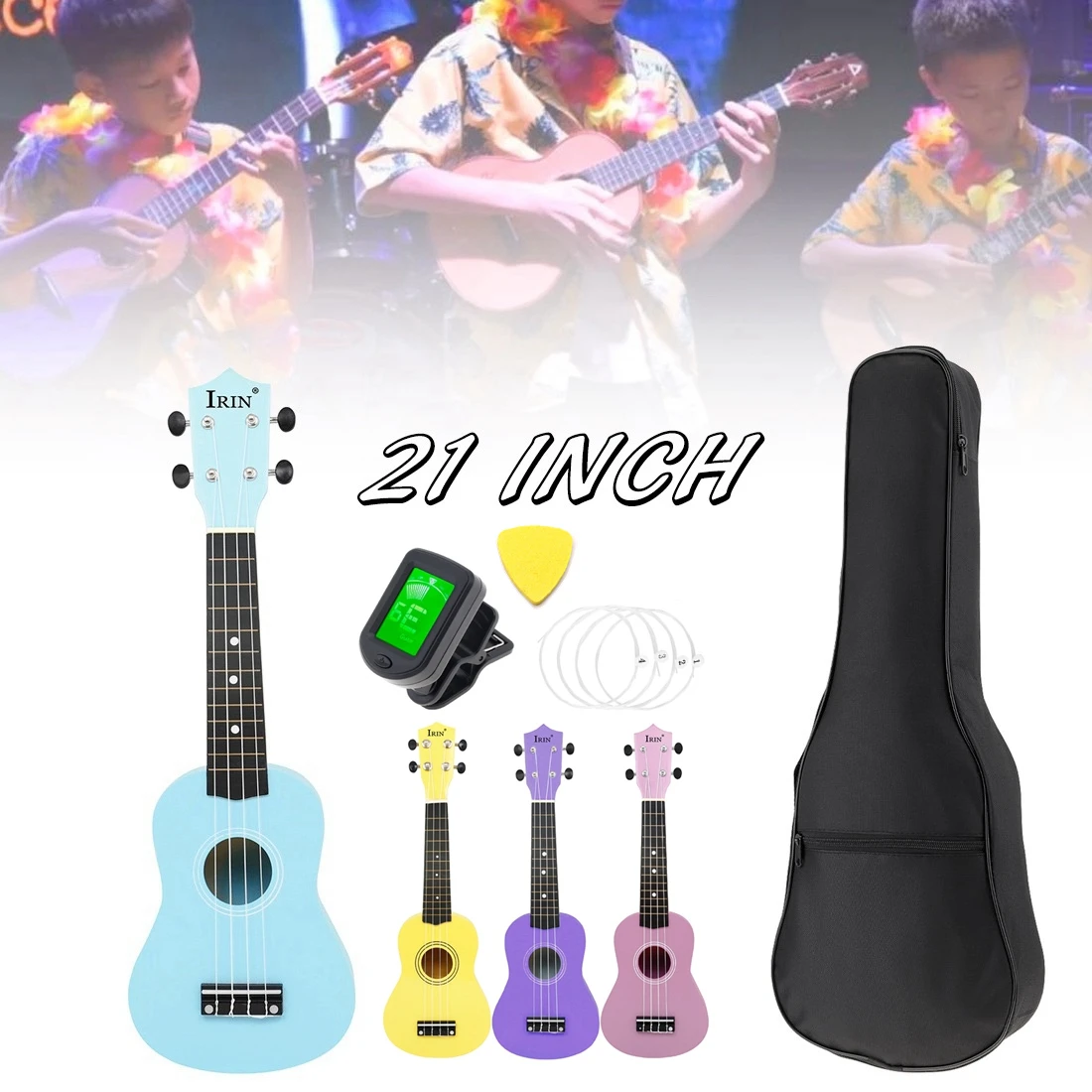 

21 Inch Wood Soprano Ukulele Set Colorful 4 Strings Small Guitar for Kids Beginner Ukelele Guitar Bag Tuner Pick Extra Strings